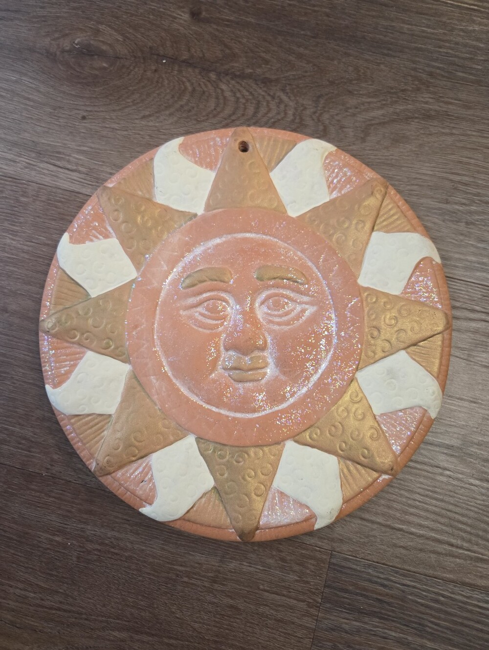 Terracotta Celestial Sun Face Wall Hanging Plaque Clay Wall Decor w/Glitter